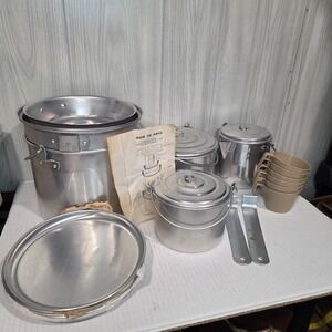NOS Vintage Mirro Aluminum 12pc Camp Set w/ Box M-4353 Pots Pans Plates Cups